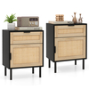 Set of 2 Rattan Nightstand with Drawer and Cabinet and Metal Legs-Black
