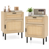 Set of 2 Rattan Nightstand with Drawer and Cabinet and Metal Legs-Natural
