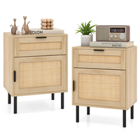 Set of 2 Rattan Nightstand with Drawer and Cabinet and Metal Legs-Natural