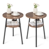Set of 2 Round End Table 2-Tier Bedside Table with Open Storage Shelf-Walnut