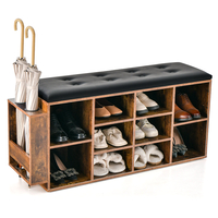 Shoe Storage Bench with Umbrella Stand,  Adjustable Shelf and Padded Cushion-Rustic Brown