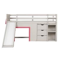 Single Size Pine Wood Loft Bed with Slide and Ladder and Game House-Pink