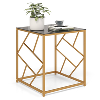 Square End Table with Tempered Glass and Gold Finish Geometric Frame-Black