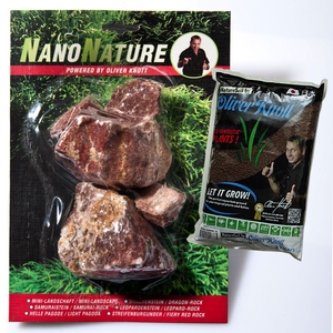 NanoNature Fiery Red Rocks Set - 5 rocks + 3 litres of NatureSoil black,  fine
