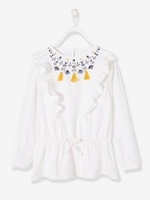 Blouse with Frills for Girls white light solid with design