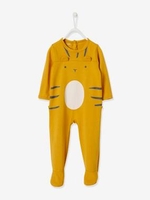 Cotton Sleepsuit for Babies,  Tiger,  with Press Studs on the Back yellow dark solid with design