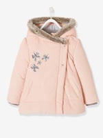 Fleece-Lined Velour Coat for Girls pink light solid with design