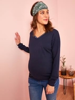 Maternity Jumper with Lace blue dark solid with design