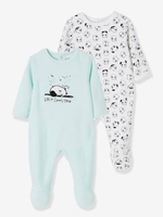 Pack of 2 Velour Sleepsuits for Babies,  with Press-Studs on the Back blue light solid with design
