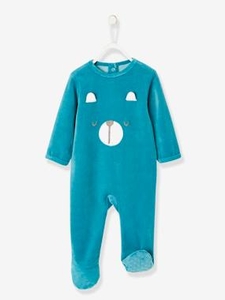 Pyjamas in Velour for Babies,  with Press-Studs on the Back green dark solid with design