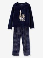 Velour Pyjamas for Girls blue dark solid with design