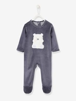 Velour Sleepsuit for Babies,  with Press Studs on the Back blue dark solid with design